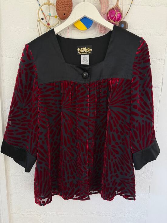 Bob Mackie Tops - Bob Mackie Wearable Art Black Burgundy Burnout Velvet Jacket Top Small